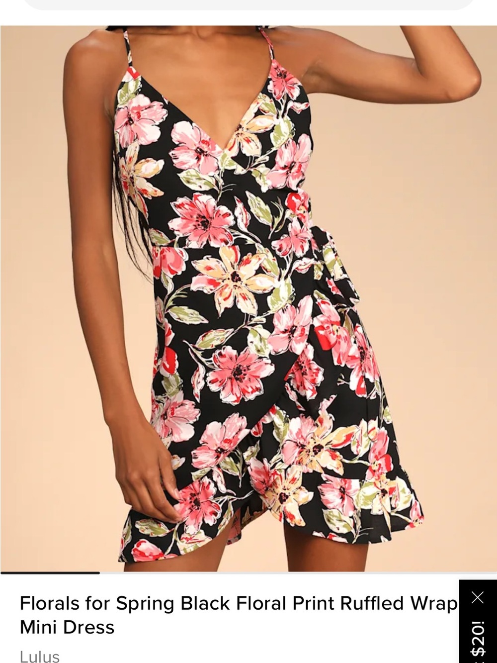 Lulu's Black Floral Wrap Mini Wrap Dress with Pink & Green Blooms